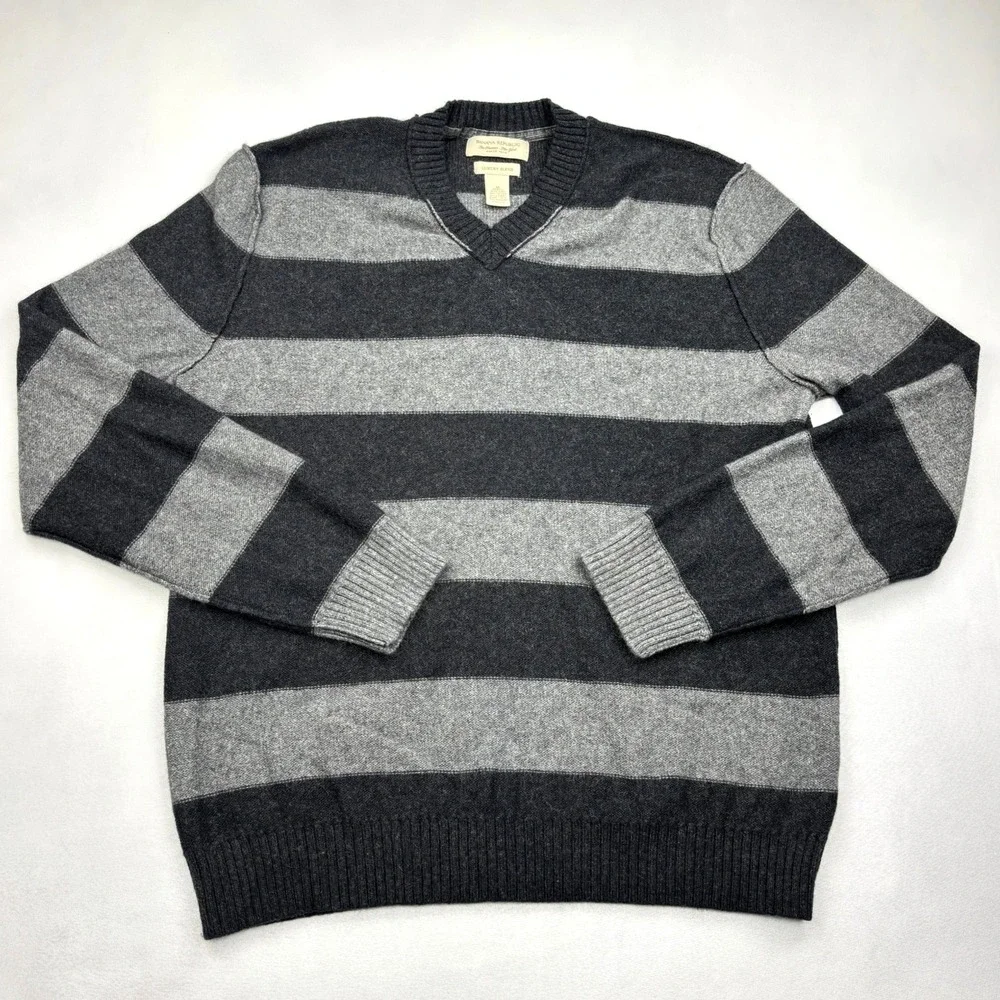 Banana Republic Sweater Mens Medium Gray Striped Cashmere Angora V Neck Knit Top